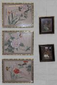 Three framed Japanese floral paintings on silk and pair beaded aquatint's (5)