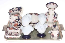 Pair of Limoges Parian style busts and five pieces of Masons Mandalay
