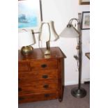 Metal floor lamp with frosted glass shade and two brass table lamps and shades