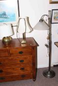 Metal floor lamp with frosted glass shade and two brass table lamps and shades