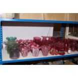 Large selection of ruby glass and four other glass lamp shades