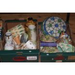 Two boxes of decorative china including wall vases, Sylvac posy holders, vases, jugs, teaware,