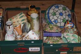 Two boxes of decorative china including wall vases, Sylvac posy holders, vases, jugs, teaware,