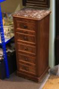 Continental mahogany and marble topped three drawer pot cupboard,