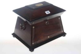 Victorian inlaid rosewood sarcophagus shaped box with ring handles,