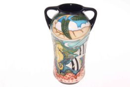 Moorcroft twin handled trial vase decorated with seahorses and fish,
