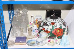 Tiffany style shade, glass decanter, Royal Worcester Grandmothers dress, china posies,