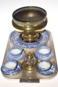 Enoch Wood 'Georgian' plaque, four blue and white cups and saucers,