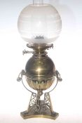 Victorian brass oil lamp with circular etched glass shade