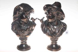 Pair of copper effect metal busts depicting a young boy and girl with a bird on their shoulders,