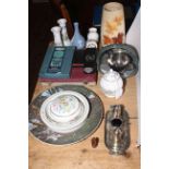 Assorted cutlery, Royal Doulton plate, Sylvac vase and various china, plated cruet,