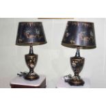 Pair of jappaned style table lamps and shades,
