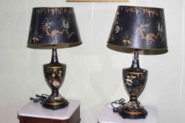 Pair of jappaned style table lamps and shades,