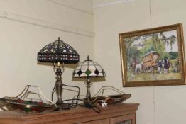 Two Tiffany style table lamps and two ceiling shades and an Alderson print