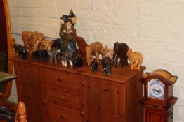 Longcase clock style CD cabinet, carved wood and other elephants, Laurel & Hardy cabinet,