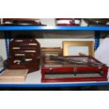 Oak cased part canteen, table top display case, vintage Christmas baubles, flute, J.