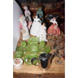 Two Coalport, Royal Doulton and three other lady figures, wooden biscuit barrel,