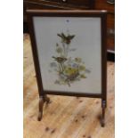 Glass panelled firescreen painted with birds and flowers