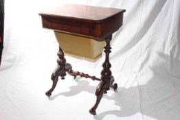 Victorian mahogany two drawer sewing table raised on turned pillars to four scrolled legs, 73.