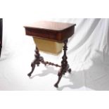 Victorian mahogany two drawer sewing table raised on turned pillars to four scrolled legs, 73.