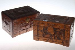 Two pairs of three carved Oriental graduated boxes,