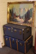 Two travelling trunks and gilt framed Alpine oil painting (3)