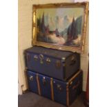 Two travelling trunks and gilt framed Alpine oil painting (3)