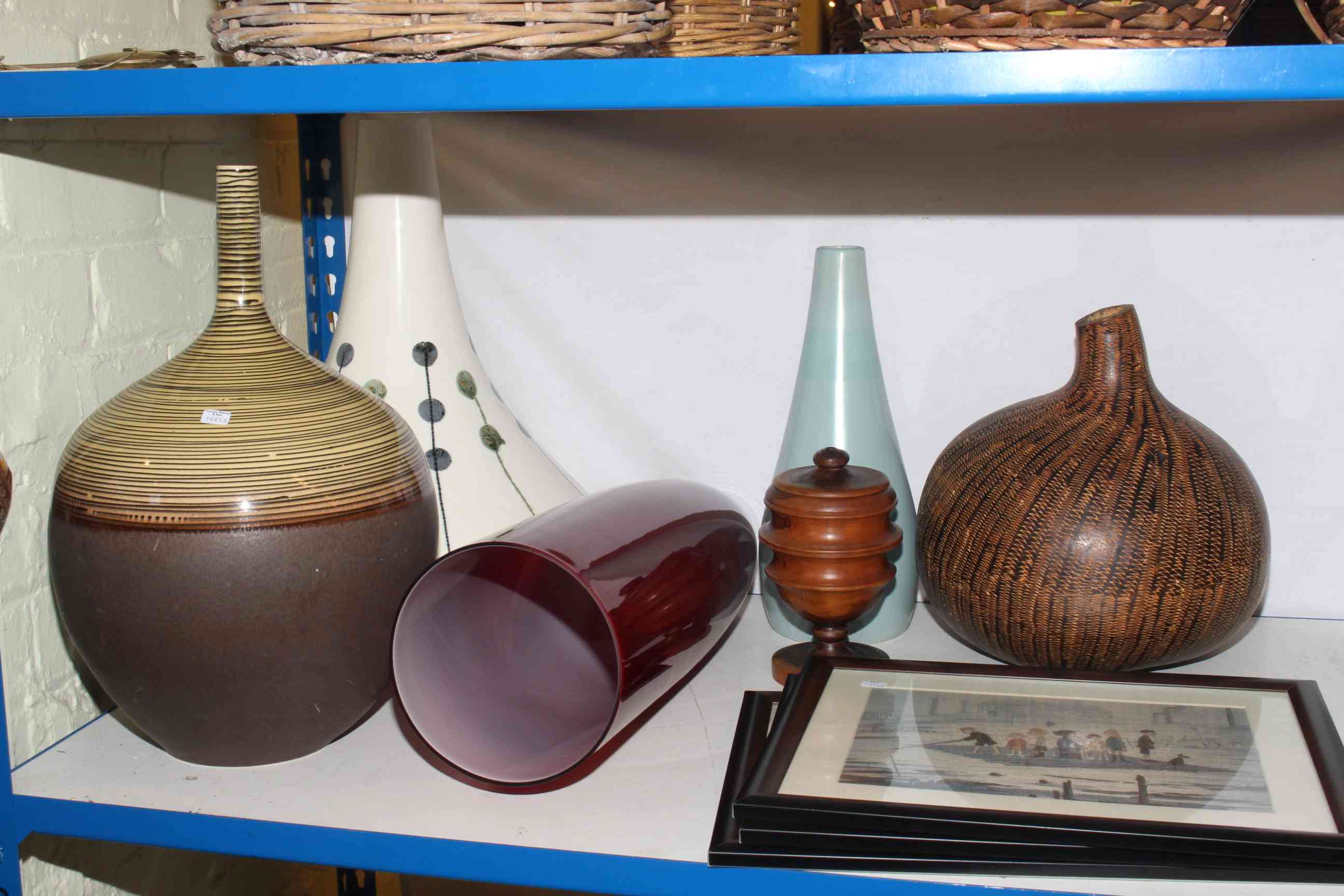 Three pottery and glass vases, nut vase, treen tobacco jar and three L.S.