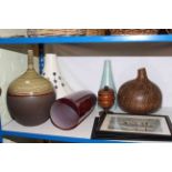 Three pottery and glass vases, nut vase, treen tobacco jar and three L.S.