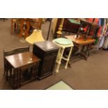 Nest of three oak tables, bedside pedestal, glazed pottery basin on stand,