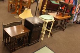 Nest of three oak tables, bedside pedestal, glazed pottery basin on stand,