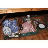 Three boxes of Spodes Italian and other blue and white china, Wedgwood 'Avon Cottage' dinnerware,