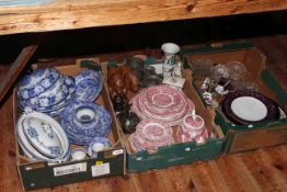 Three boxes of Spodes Italian and other blue and white china, Wedgwood 'Avon Cottage' dinnerware,