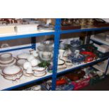 Dinnerware, glass comports, boxed glasses, coinage, various china, pair of brass candlesticks,