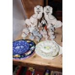 Pair of Staffordshire style spaniels, three Maling floral plates and 1929 Exhibition plate,