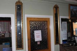 Pair slim rectangular gilt framed bevelled wall mirrors