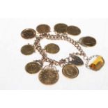 9 carat gold link bracelet containing ten gold coins and a fob;