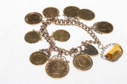 9 carat gold link bracelet containing ten gold coins and a fob;