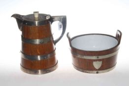 Large oak and silver plate banded jug and salad bowl,