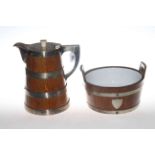 Large oak and silver plate banded jug and salad bowl,