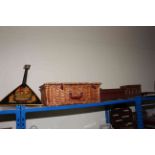 Picnic hamper, two carved boxes,