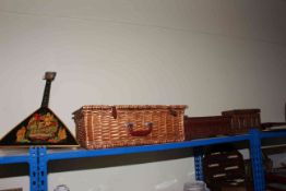 Picnic hamper, two carved boxes,