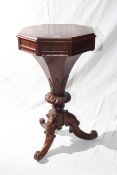 Victorian octagonal rosewood sewing table on carved pedestal tripod base, 76.5cm by 43.