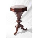 Victorian octagonal rosewood sewing table on carved pedestal tripod base, 76.5cm by 43.