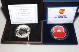 HRH Prince George of Cambridge 5oz coin and silver 5oz poppy coin,
