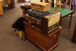 Blanket box, two cases, picnic basket,