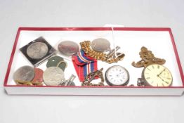 WWII medals, coins, two silver pocket watches, tags,