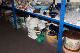 Large quantity of china including Oriental fish bowls, planters, serving dishes, kitchen scales,