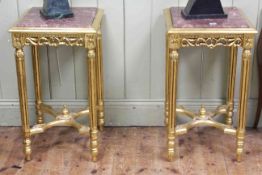 Pair gilt side table with marble inset tops, 72.