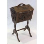 Carved camphor wood sewing box with double hinged lid